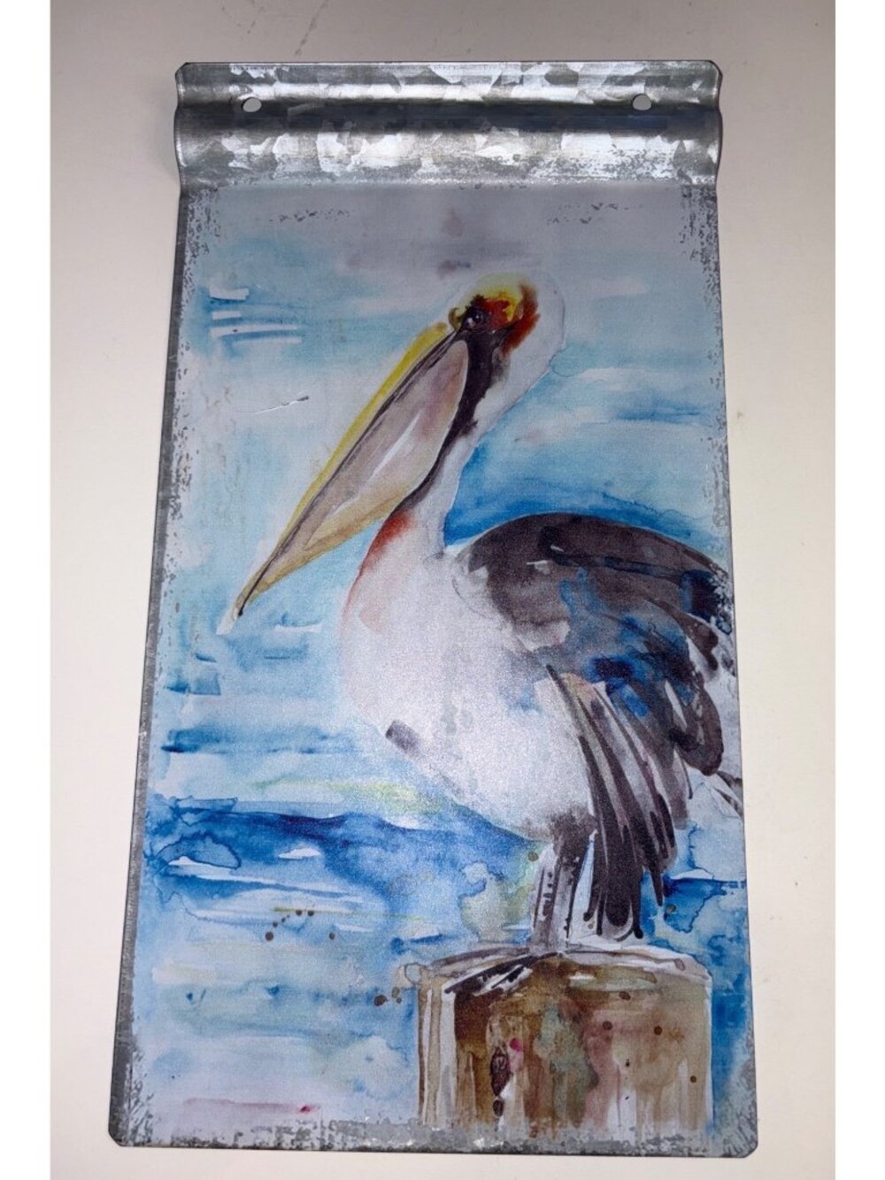 Hand-Painted Galvanized Metal Wall Art Featuring Pelican Over Ocean Scene 6"x13"
